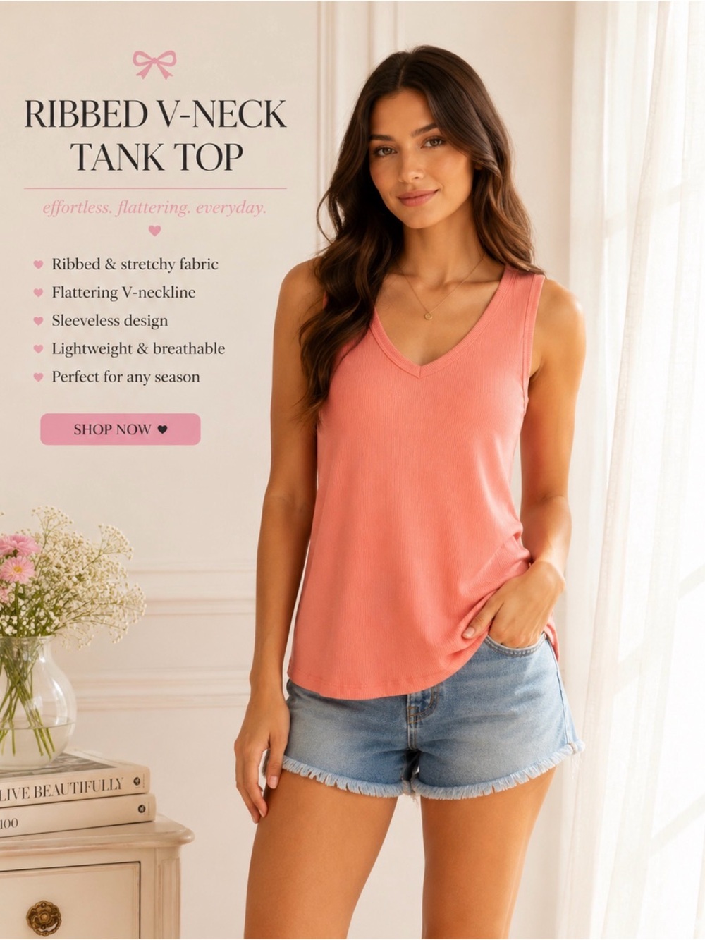 Ribbed V-Neck Tank Top - Coral Pink
